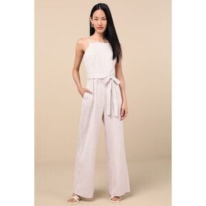 Lulus Messina Beige Striped Wide-leg Jumpsuit - Size S